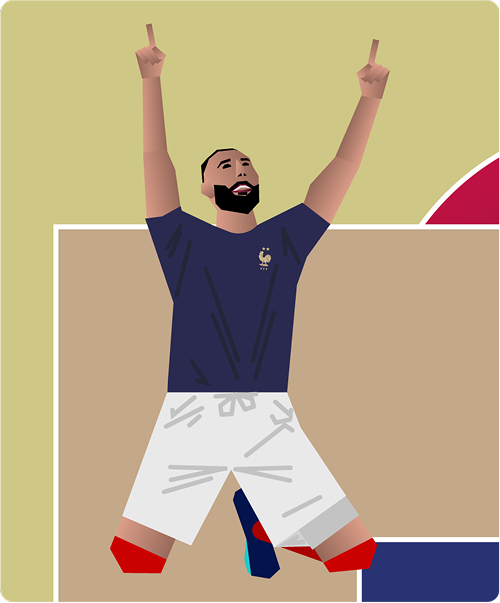 Card - Soccer player stands on his knees with two index fingers pointing to the sky