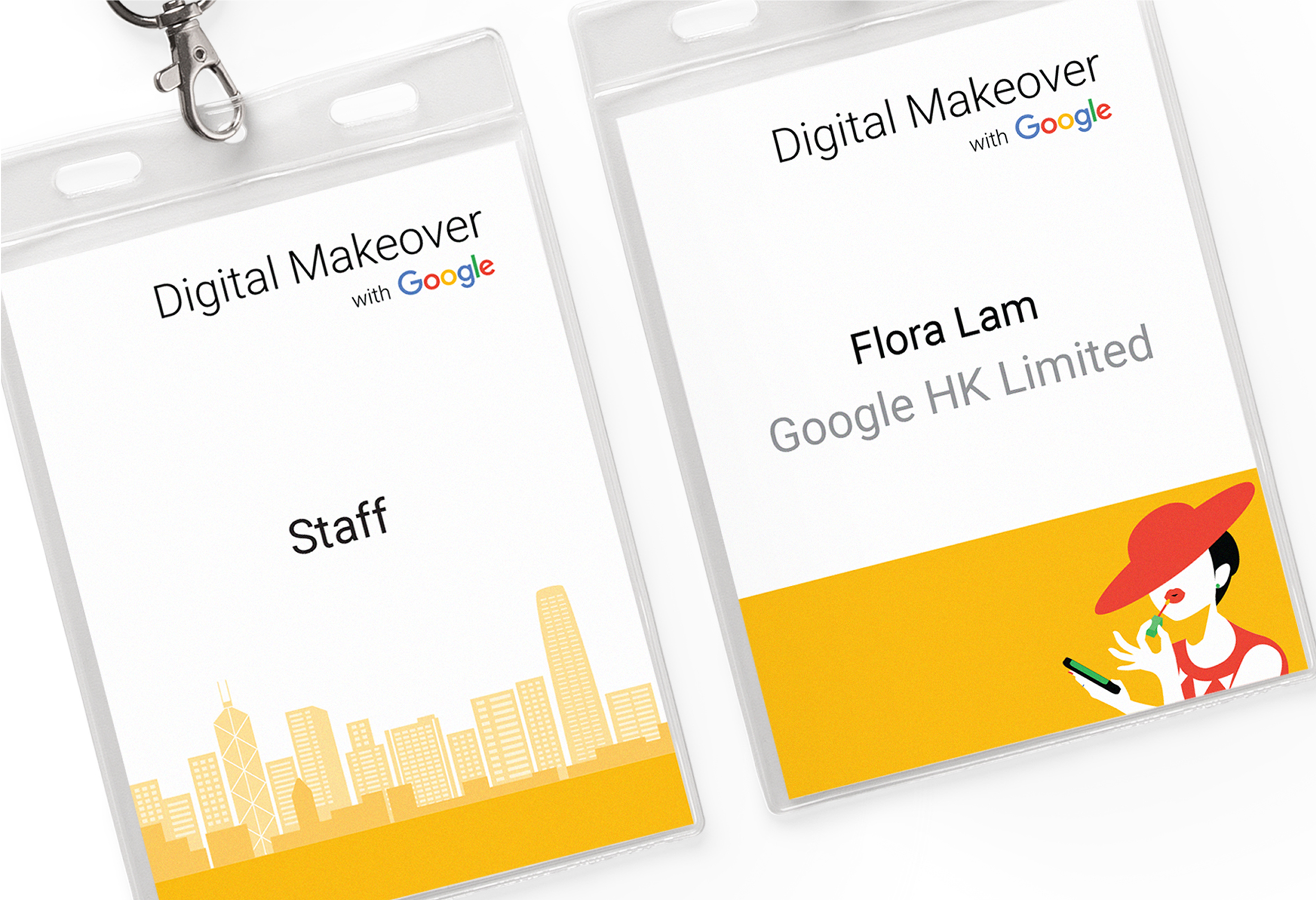 Close-up shot of name badge's front and back sides