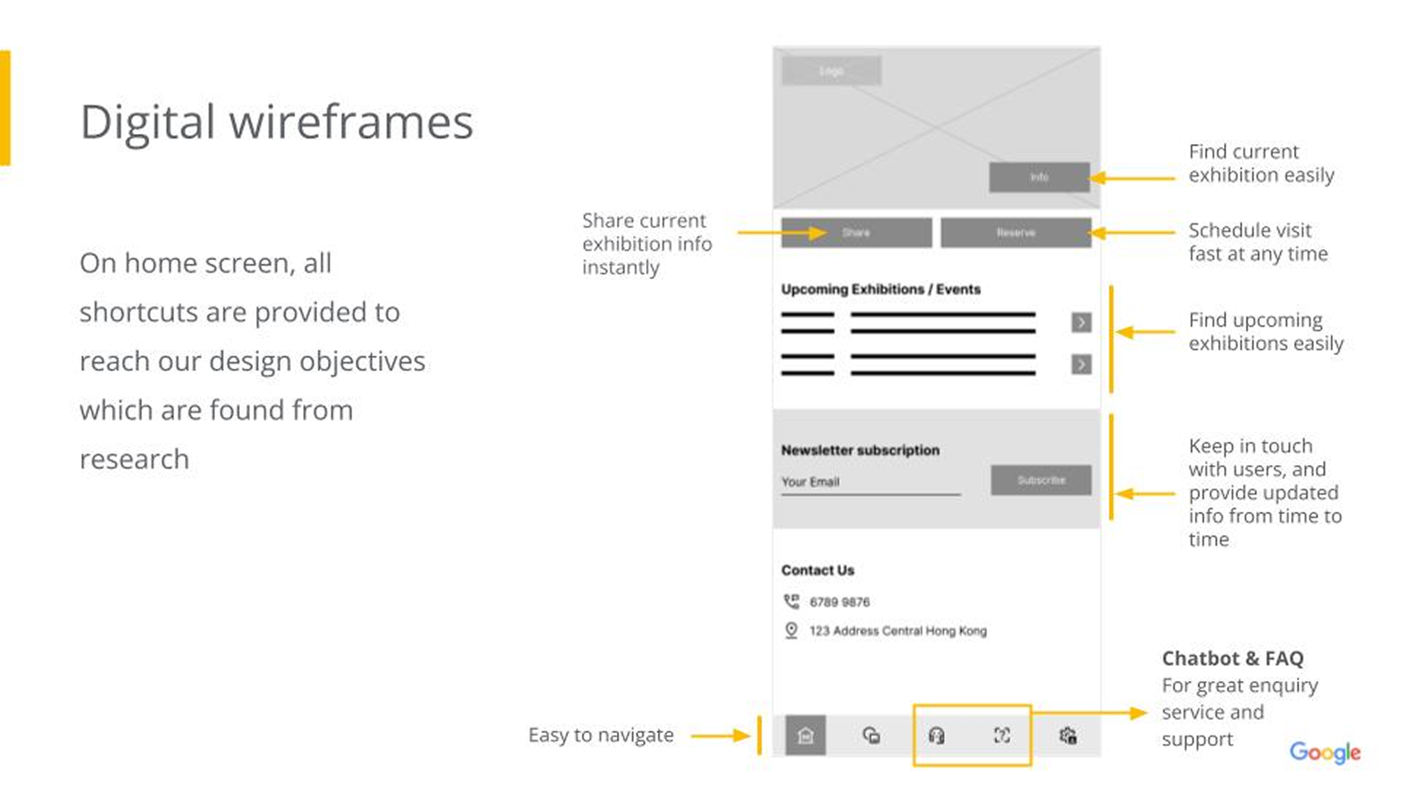 Digital wireframe of app homepage with description