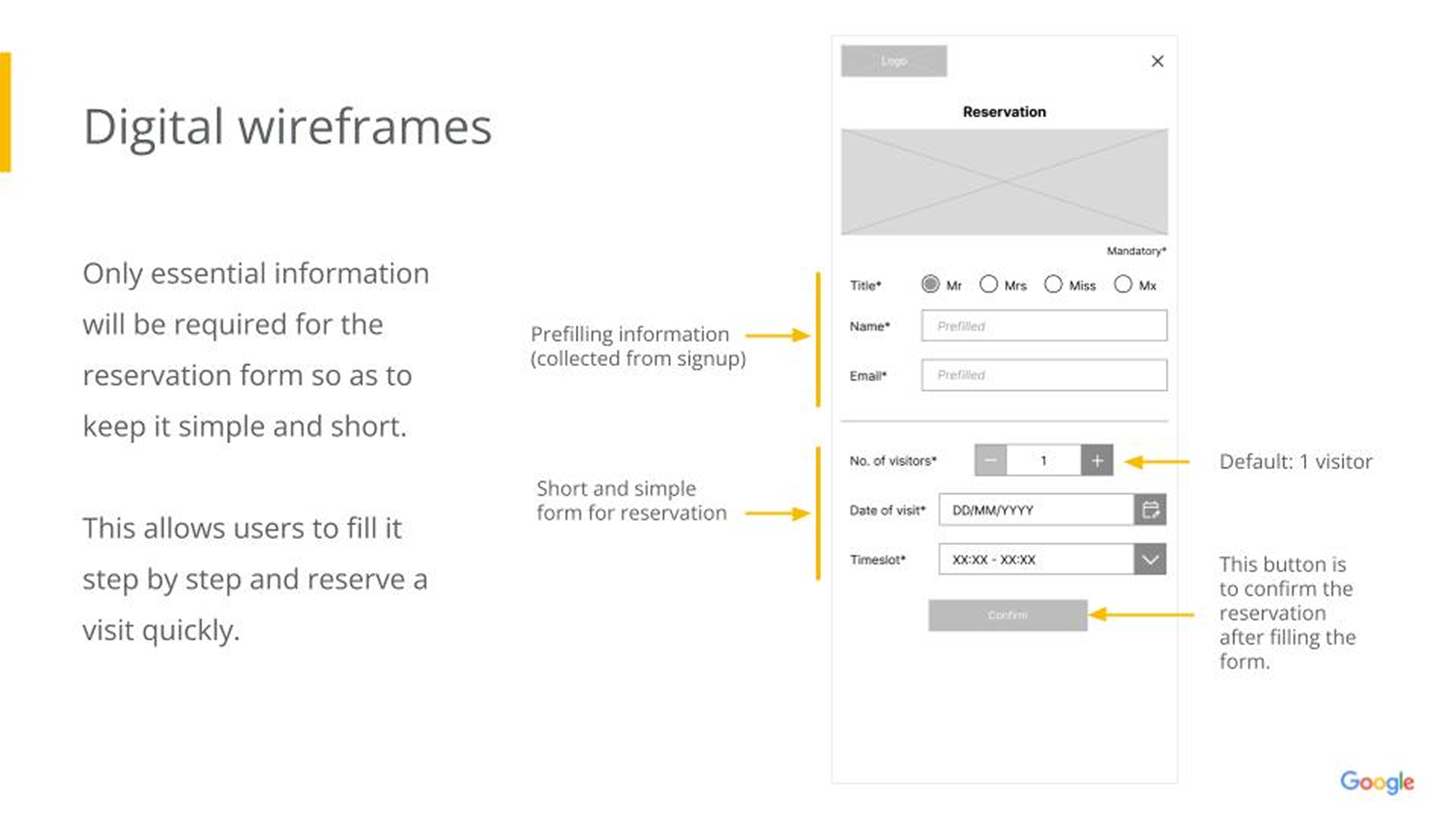 Digital wireframe of reservation page with description
